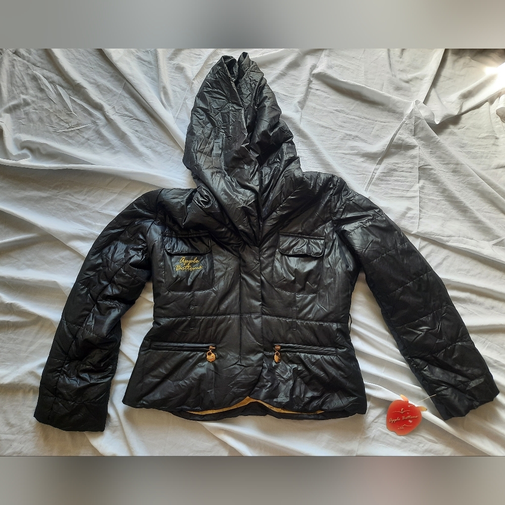 NEW! Vtg Y2k Black Apple Bottom Jeans Women Sz Medium Puffer Jacket (LARGE HOOD)